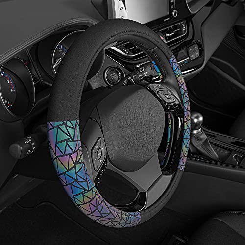 BDK Geometric Prism Sparkle Glitter Steering Wheel Cover - Car Steering Wheel Cover for Women with Shiny Holo Bling Accents, Fits Most Car Truck Van SUV Wheel Sizes 14.5 to 15 inch - color: Geometric Prism