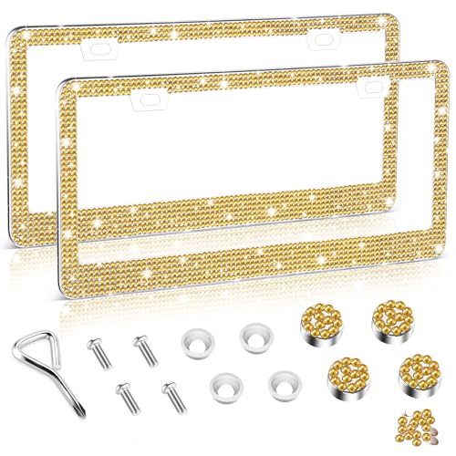 Amiss Bling License Plate Frame for Women, 2Pack Rhinestone Handcrafted Crystal Premium Stainless Steel, Stainless Steel Car Decorative Accessories with Diamond Sparkle Glitter Caps (Gold) - color: Gold, size: 2pc
