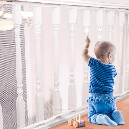 tupi Banister Guard for Baby and Pets – 450cm Extra Long Balcony Netting, Heavy Duty Stair Railing Cover, Child Safety Mesh for Kids and Toddlers, No Drill Barrier with 41 Zip Ties