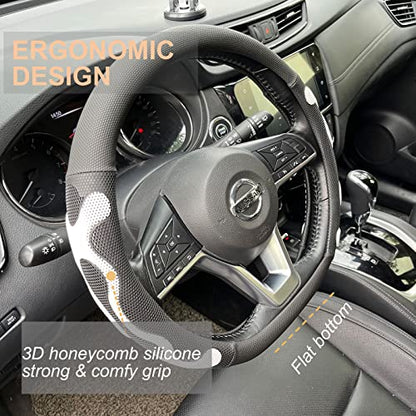 D Shaped Comfy Grip Steering Wheel Cover, Anti-Slip Design, Flat Bottom 14.5-15 Inch(Silicone White)