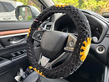 Handmade Crochet Sun Moon Car Steering Wheel Covers Universal 14-15 inch,Cute Steering Wheel Cover,Car Accessories (Black Steering Wheel Cover) - color: Black Steering Wheel Cover