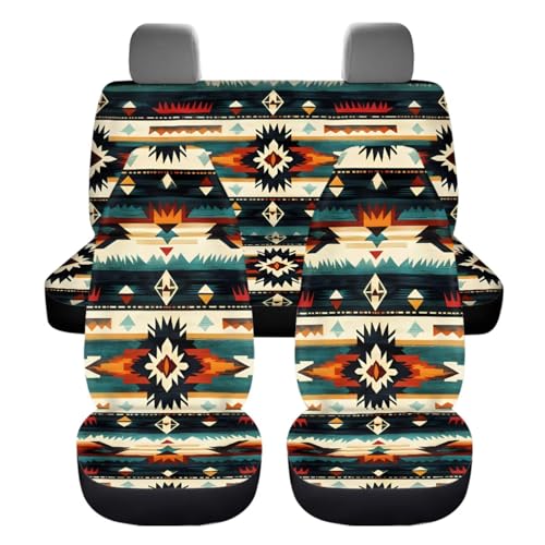 Dreaweet Aztec Car Seat Covers Full Set,Native American Geometric Car Deocr Set of 12,Universal Steering Wheel Cover with Center Console Cover,Cup Coasters,Seatbelt Covers,Gear Shift Handbrake Cover - color: Aztec Geometric