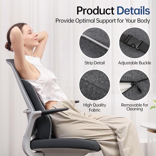 Plush Comfortable Memory Foam Lumbar Support Pillow - Soft Back Cushion for Office Chair, Car Seat, Gaming Chair - Ergonomic Lower Back Pain Relief with Adjustable Straps & Washable Cover-Dark Grey