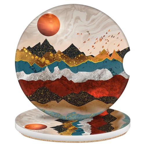 2 Pack Car Coasters for Cup Holders, 2.56" Universal Absorbent Ceramic Stone Car Cup Holder Coasters with Non-Slip Cork Base, Car Interior Accessories for Women Men(Mountains Nature Scenery) - color: Mountains Nature Scenery
