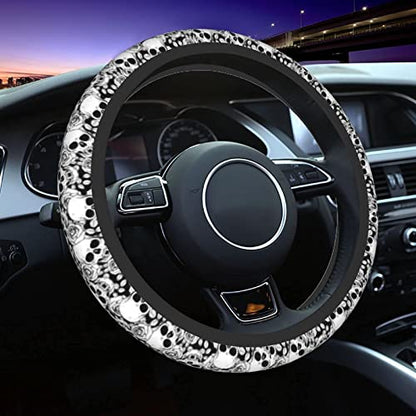Skull Steering Wheel Cover Non Slip Black and White Neoprene Steering Wheel Protector Covers Universal 15 inch for Women Men Car Accessories - color: Black3
