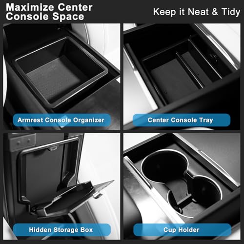 Weize 2025 2026 Tesla Model Y Juniper All Weather Cargo Liner Floor Mats 9 PCS & Double Layer Center Console Organizer 4 PCS, Full Coverage Tesla Interior Accessories Kit(Not for Standard) - style: Tesla Model Y Floor Mats & Console Organizer Combo 13PCS