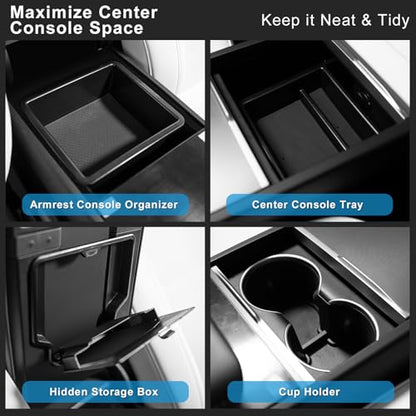 Weize 2025 2026 Tesla Model Y Juniper All Weather Cargo Liner Floor Mats 9 PCS & Double Layer Center Console Organizer 4 PCS, Full Coverage Tesla Interior Accessories Kit(Not for Standard) - style: Tesla Model Y Floor Mats & Console Organizer Combo 13PCS