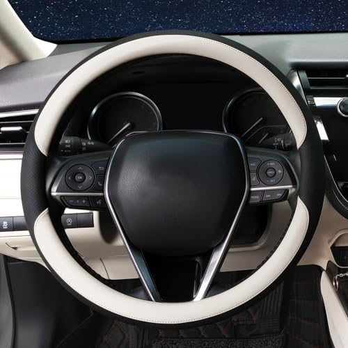 Steering Wheel Cover Universal Standard Size 14.5-15 inch, Non-Folding Packaging, Microfiber Leather, Anti-Slip, Soft Grip, Fits Most Cars SUVs Trucks, Black and Light Creamy White - color: Black and Light Creamy White