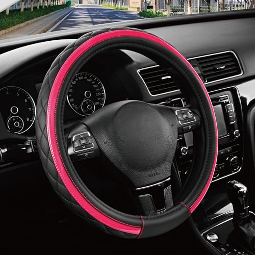 Road Comforts Leather Steering Wheel Cover – Black & Hot Pink, Universal Fit 14.5-15 Inch, Microfiber Leather, Anti-Slip & Breathable Design for Men and Women - color: Hot Pink