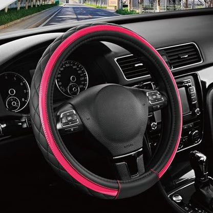 Road Comforts Leather Steering Wheel Cover – Black & Hot Pink, Universal Fit 14.5-15 Inch, Microfiber Leather, Anti-Slip & Breathable Design for Men and Women - color: Hot Pink