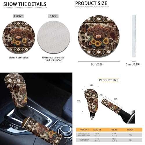 Dreaweet Aztec Brown Cow Print Car Seat Covers Full Set Cute Sunflower Highland Cow Car Accessories,Car Steering Wheel Cover Armrest Cover Seat Belt Pads Cup Holders Gear Shift Cover Handbrake Cover - color: Aztec Sunflower Highland Cow