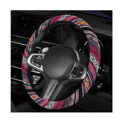 Boho Steering Wheel Cover, Anti-Slip Coarse Flax Cloth Ethnic Style Auto Wheel Cover, Breathable Boho Auto Steering Wheel Protector for Women Men, Car Accessories (Style J)