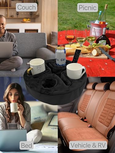 Xchouxer Couch and Bed Cup Holder Pillow, Sofa Organizer Caddy for Drinks, Remotes, Phones, Snacks (Black) - color: Black
