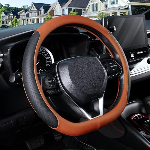 SEG Direct D Shaped Steering Wheel Cover for 14.5-15 inch Flat Bottom Wheels, Breathable Perforated Microfiber Leather, Anti-Slip Grip, Universal Fit for Cars & SUVs, Black and Orange - color: Black & Orange, size: D-shaped