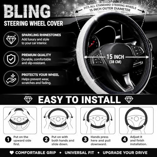 Bling Rhinestone Car Steering Wheel Cover for Women,PU Leather Crystal Diamonds Crown Steering Wheel Covers Non-Slip Universal 15"/38 cm (Black) - color: Black