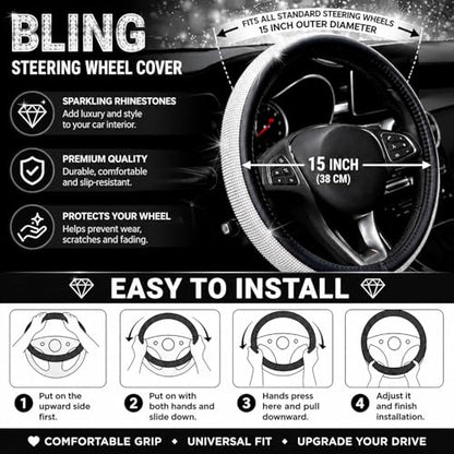 Bling Rhinestone Car Steering Wheel Cover for Women,PU Leather Crystal Diamonds Crown Steering Wheel Covers Non-Slip Universal 15"/38 cm (Black) - color: Black