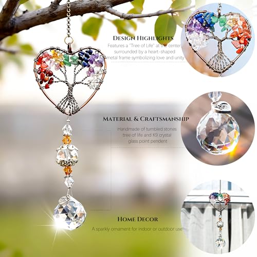 H&D HYALINE & DORA Suncatcher Window Hanging Tree of Life Heart Shaped Crystal Ball Prism Drop Pendant - color: Colorful