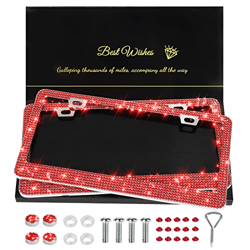 QUANQIUFEI 2 Pack Bling License Plate Frames for Women, Sparkly Rhinestone Diamond Car Accessories with Glitter Crystal Caps (Red) - color: Red