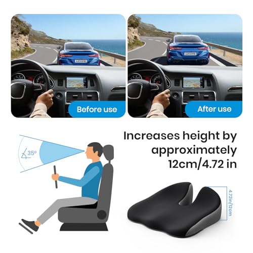 Benazcap Elevated Car Seat Cushion, Memory Foam Car Seat Pad, Height Boost Improves Driving View, Sciatica & Lower Back Pain Relief, Essentials for Long Road Trip Driving - color: Black