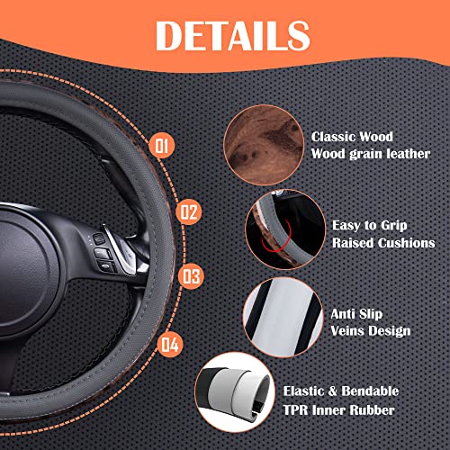 CAR PASS Wood Grain Microfiber Leather Steering Wheel Cover, Universal Fit for 14 1/2-15 inch Gray Steering Wheel, Anti-Slip Veins Design,Cars, Suvs,Minivans, Sedans (Gray) - color: gray