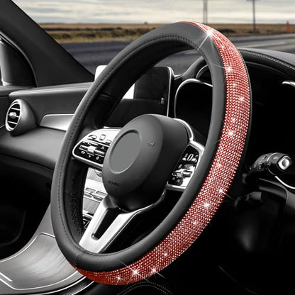 Diamond Leather Steering Wheel Cover, 15 Inch Bling Crystal Rhinestone Anti-Slip Wheel Protector, Universal Sparkling Elegant Diamond Steering Wheels Cover for Women Girl (Red) - color: Red