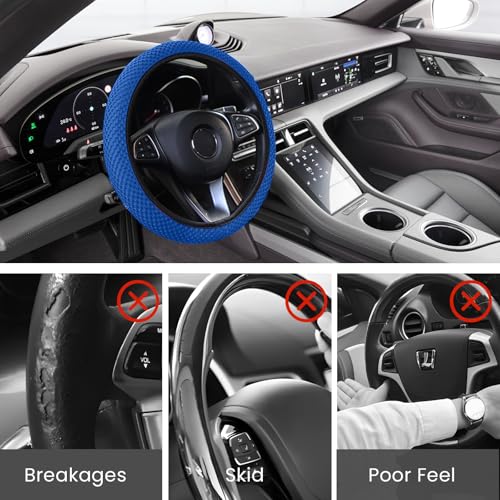 Elastic Stretch Car Steering Wheel Cover, Comfortable Steering Wheel Cover Universal for 14.5-15 Inch, Warm in Winter & Cool in Summer, Anti-Slip Breathable Ice Silk (Blue) - color: Blue