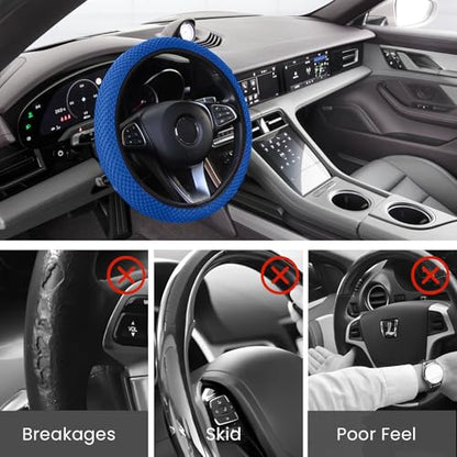 Elastic Stretch Car Steering Wheel Cover, Comfortable Steering Wheel Cover Universal for 14.5-15 Inch, Warm in Winter & Cool in Summer, Anti-Slip Breathable Ice Silk (Blue) - color: Blue