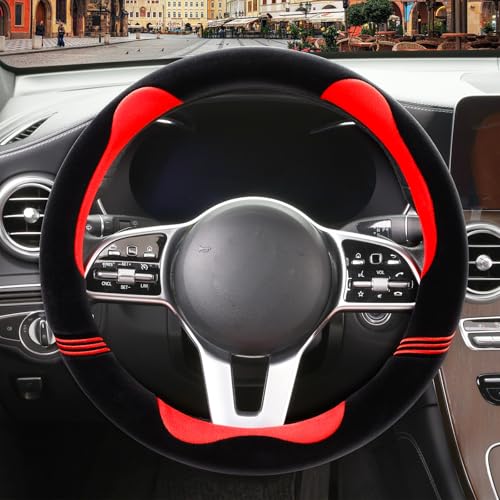 Furry Cute Steering Wheel Cover, Soft Fluffy Short Plush Auto Accessories, Non-Slip Cold-Proof Sweat-Proof Colorfast, Universal 15 inch(Black with Red) - color: Round-Red, size: Standard[14.5''-15'']