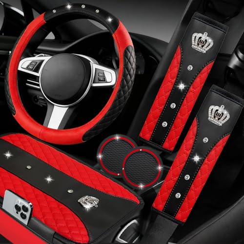 NBTEPEM 6 PCS Bling Car Accessories Set, Leather Steering Wheel Covers Universal 14.5-15 inch, Center Console Cover, Seat Belt Cushion, Cup Holder Coaster (Red) - color: Red