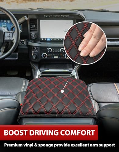 KBH Center Console Armrest Cover for Ford F250 F350 F450 F550 2023 2024 2025 2026, Bucket Seat Console, Super Duty Accessories, Arm Rest Lid Cushion Covering, Anti-Scratch, Black-Red Stitch - size: Bucket Seat, 23-26 F250-F550, Red Stitch