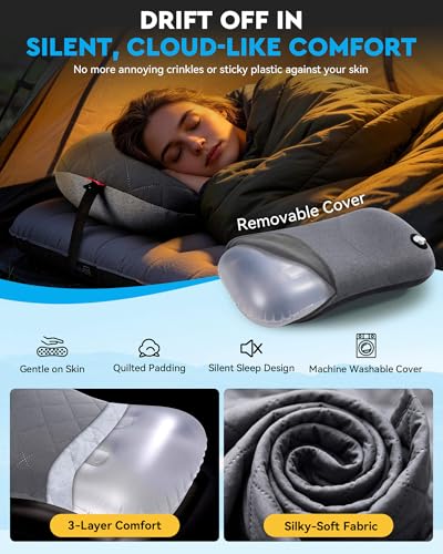 Hikenture Camping Pillow with Removable Cover - Ultralight Inflatable Pillow for Neck Lumbar Support - Upgrade Backpacking Pillow - Washable Travel Air Pillows for Camping, Hiking, Backpacking