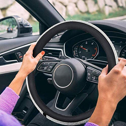 Diamond Leather Steering Wheel Cover with Bling Bling Crystal Rhinestones,Large-Size of 15 1/2 inches-16 inches Black - color: Black with White Diamonds, size: Large Size[15"1/2-16"]