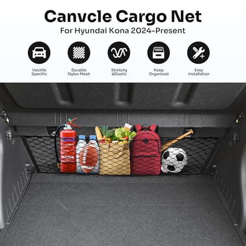 Canvcle Trunk Cargo Net for 2024-2026 Hyundai Kona Accessories Envelope Style Mesh Trunk Net Organizer and Storage Stretchable Adjustable Elastic Nylon Rear Cargo Netting with Hooks