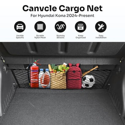 Canvcle Trunk Cargo Net for 2024-2026 Hyundai Kona Accessories Envelope Style Mesh Trunk Net Organizer and Storage Stretchable Adjustable Elastic Nylon Rear Cargo Netting with Hooks