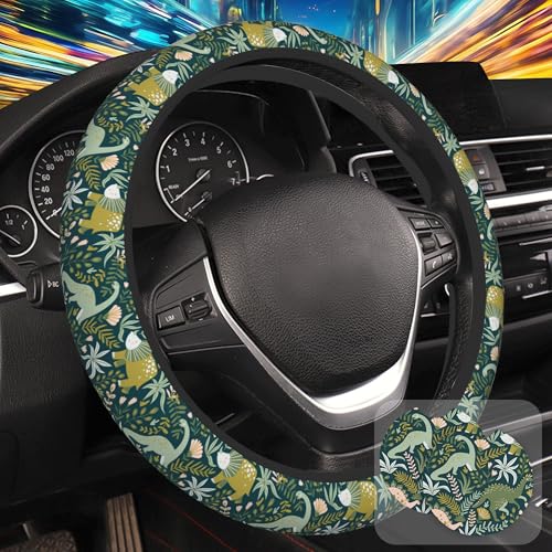 Dinosaurs and Tropical Leaves Steering Wheel Cover with 2 Pcs Car Coasters Neoprene Steering Wheel Cover for Women Men Anti-Slip Breathable Car Accessories Universal 15 Inch Fit Auto Cars Trucks - color: Dinosaurs and Tropical Leaves