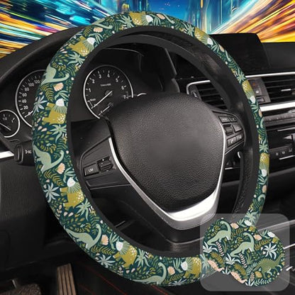 Dinosaurs and Tropical Leaves Steering Wheel Cover with 2 Pcs Car Coasters Neoprene Steering Wheel Cover for Women Men Anti-Slip Breathable Car Accessories Universal 15 Inch Fit Auto Cars Trucks - color: Dinosaurs and Tropical Leaves