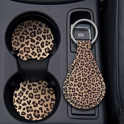 4 Pieces Leopard Cheetah Print Steering Wheel Cover Set with Car Cup Holder & Quarter Keyring, Universal Fit 14-15.5 inches, Leopard Cheetah Print Car Accessories Set - color: Leopard