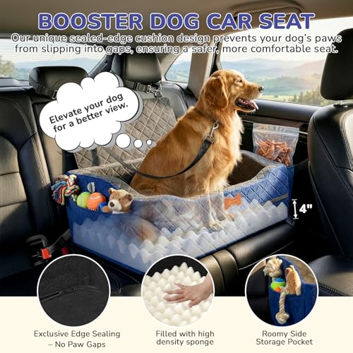 Dog Car Seat for Medium Large Dogs, 4" Elevated Dog Booster Seat with ISOFIX Safety Fixation, Washable Cover & High Density Memory Foam, Portable for Car Front/Rear/Trunk Home Outdoor Use (Navy Blue) - color: Navy Blue, size: Large