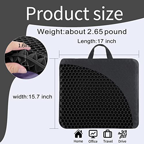 Gel Seat Cushion, for Long Sitting -Double Thick Gel Seat Cushion Breathable Honeycomb Chair Cushion with Non-Slip Cover for Office Chair Car, Wheelchair, Long Trips,Relief Sciatica Pain - color: Black