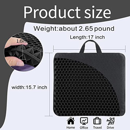 Gel Seat Cushion, for Long Sitting -Double Thick Gel Seat Cushion Breathable Honeycomb Chair Cushion with Non-Slip Cover for Office Chair Car, Wheelchair, Long Trips,Relief Sciatica Pain - color: Black