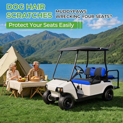 10L0L Golf Cart Seat Covers, Super Comfort Cooler Than Vinyl Seat Cover, Front and Rear Seat Cover for Yamaha EZGO Club Car, No Drilling Breathable Mesh Bench Seat Blanket, Machine Washable - color: Black + Blue, style: Front Seat - For EZGO TXT & RXV & C