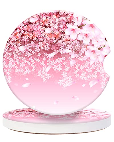 CLEVI 2 Pack Universal Ceramic Car Cherry Blossom Background,Pink Design Ceramic Stone with A Finger Notch for Easy Removal of Car Cup Holder Coaster - color: Cherry Blossom
