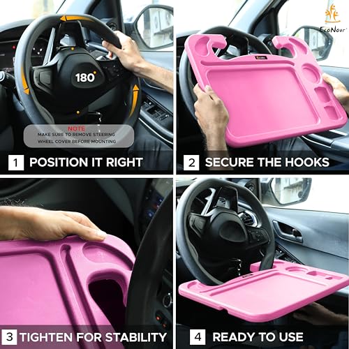 EcoNour 4 in 1 Car Steering Wheel Tray - 2024 Upgraded Pink Tray with Dual Sauce Dip Holder and Tablet Holder | Spacious Steering Wheel Desk for Food and Laptop | Car Accessories (Large) - size: Large-Pink
