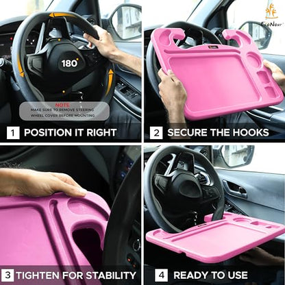 EcoNour 4 in 1 Car Steering Wheel Tray - 2024 Upgraded Pink Tray with Dual Sauce Dip Holder and Tablet Holder | Spacious Steering Wheel Desk for Food and Laptop | Car Accessories (Large) - size: Large-Pink