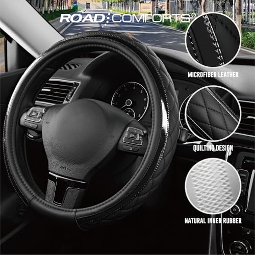 Road Comforts Leather Steering Wheel Cover – Black & Black, Universal Fit 14.5-15 Inch, Microfiber Leather, Anti-Slip & Breathable Design for Men and Women - color: Black