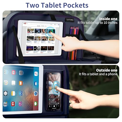 Car Backseat Organizer with Tablet Holder-2 Pcs,6 Storage Pockets Car Storage Organizer with Foldable Food Tray,Protectors Kick Mats Travel Accessories-Dark Blue - color: Admiral Blue, size: 2 Pack with Food Tray