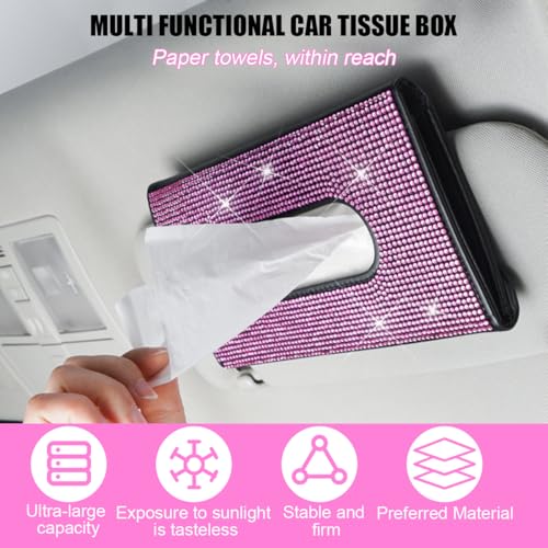 Bling Car Tissue Holder for Sun Visor, Crystal Rhinestone Leather Vehicle Paper Towel Case, Glitter Diamond Auto Napkin Clip Accessories for Women, Universal for SUV, RV, Truck (Pink/Black) - color: Pink+black