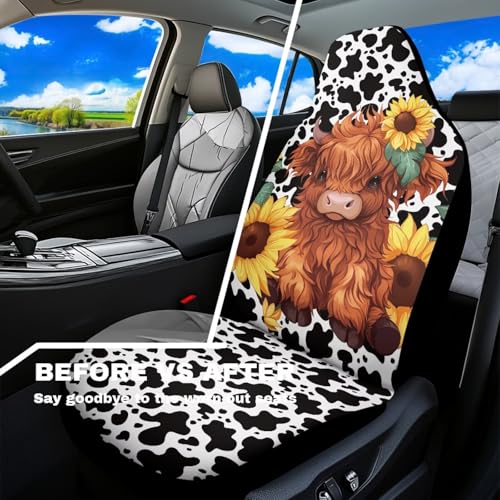 Cute Sunflower Highland Cow Front Seat Covers for Cars Bucket Seat Covers Black Cow Spots Decorative Automotive Seat Cushion Protectors Covers Automotive Accessories Interior Decoration - color: Cute Sunflower Highland Cow Black Cow Spots