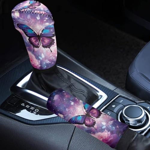 Purple Butterfly Car Gear Shift Knob Cover and Handbrake Covers Universal Shift Knob Cover Automotive Interior Decoration Suitable for Most Cars,SUV - color: Purple Butterfly Print