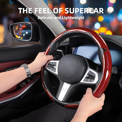 Carbon Fiber Steering Wheel Covers 3 Piece Clip on Steering Wheel Cover (Red) - color: Red